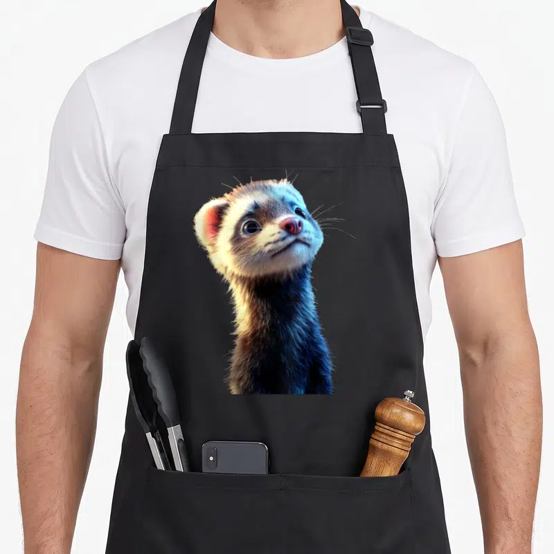 Tablier de cuisine noir avec illustration réaliste d'un furet regardant vers le haut, détails du pelage visibles.
