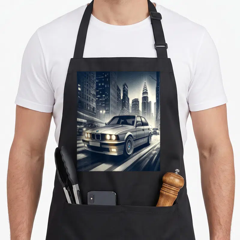 Tablier de cuisine noir avec illustration d'une BMW E34 sur une route urbaine nocturne.