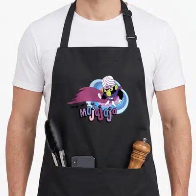 Tablier de cuisine noir avec l'illustration colorée du singe Mojo Jojo et son logo stylisé.