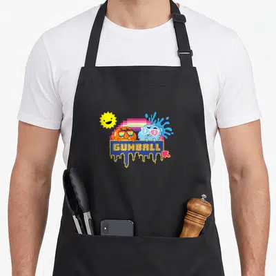 Tablier de cuisine noir avec illustration rétro de Gumball et Darwin aux lunettes de soleil sous un soleil souriant.