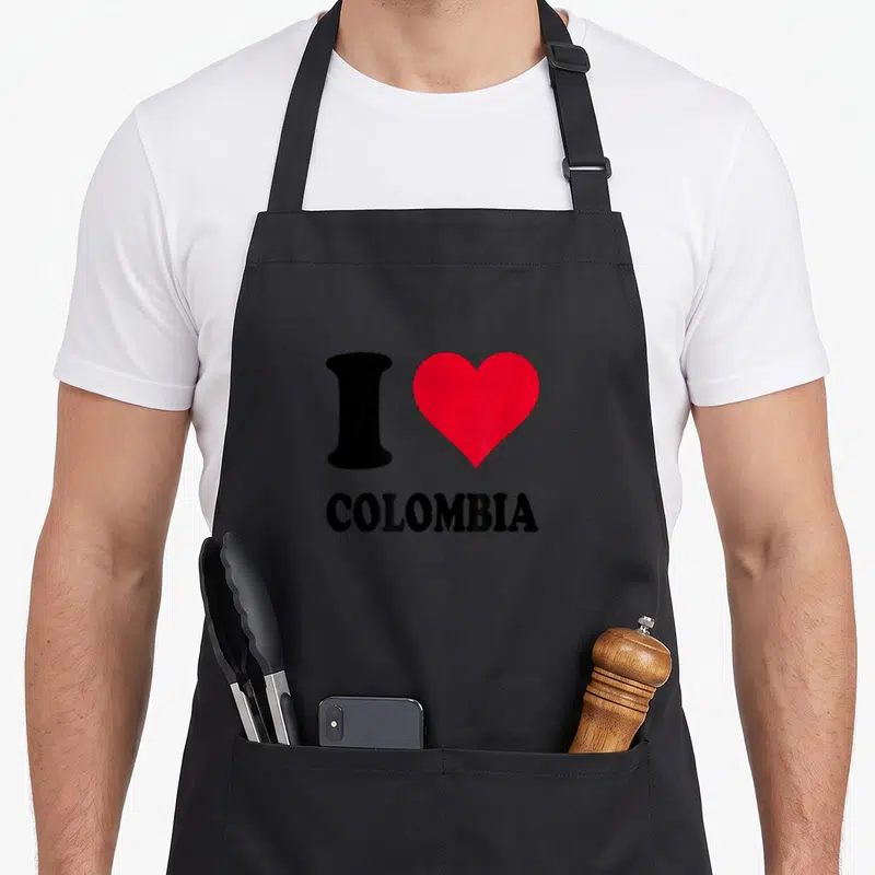 Tablier de cuisine noir avec un grand cœur rouge et le texte I Love Colombia imprimé au centre