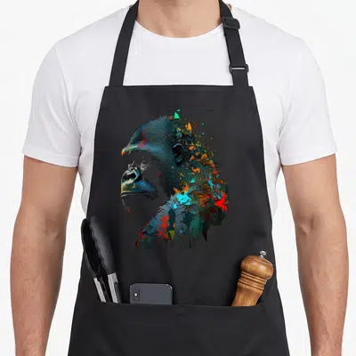 Tablier de cuisine noir avec portrait latéral de gorilla aux couleurs vives et effet éclaboussure.