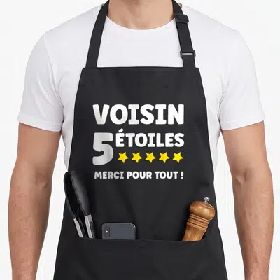 Tablier de cuisine noir avec linscription Voisin 5 Étoiles Merci Pour Tout et cinq étoiles jaunes alignées.