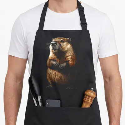 Tablier de cuisine noir avec illustration détaillée d'un castor debout aux tons bruns et gris.