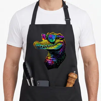 Tablier de cuisine noir avec un crocodile multicolore aux verres miroir et une peau texturée.