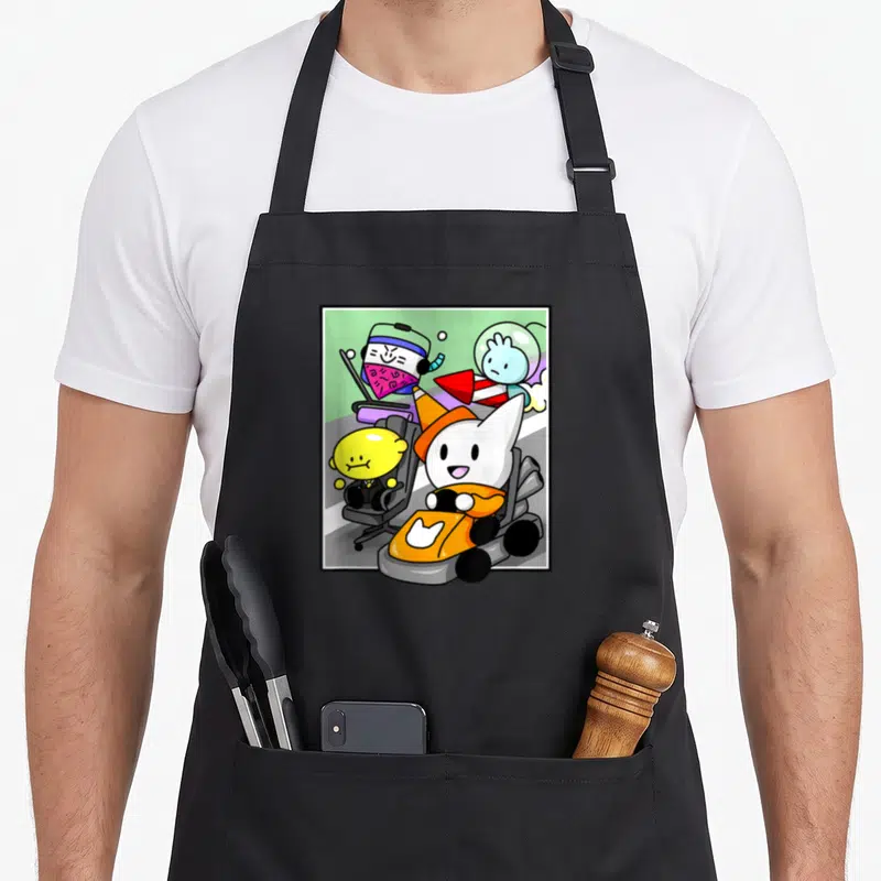 Tablier de cuisine noir avec une illustration de personnages de Tower Heroes en karting colorés et mignons.