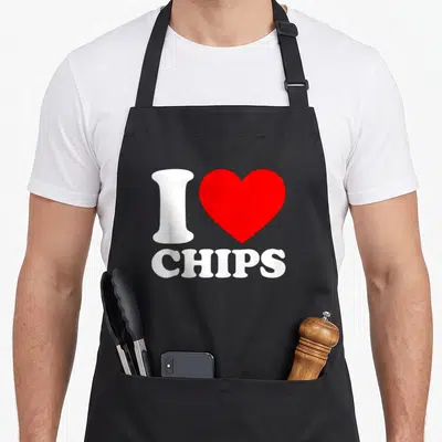 Tablier de cuisine noir avec inscription I Heart Chips et cœur rouge vif au centre du design imprimé.