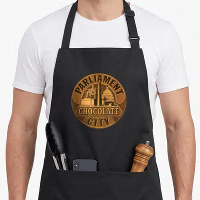 Tablier de cuisine noir avec logo circulaire Parliament Chocolate City en tons dorés et noirs représentant une statue et un dôme architectural.