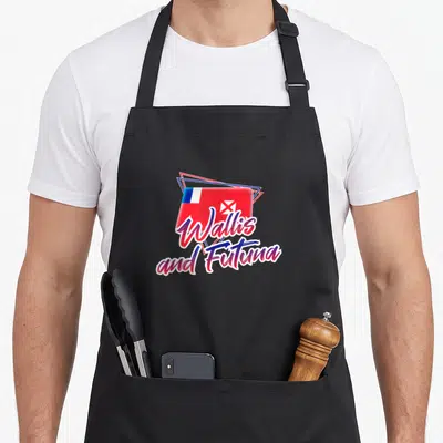 Tablier de cuisine noir avec le logo Wallis and Futuna et les couleurs du drapeau en style graphique moderne.
