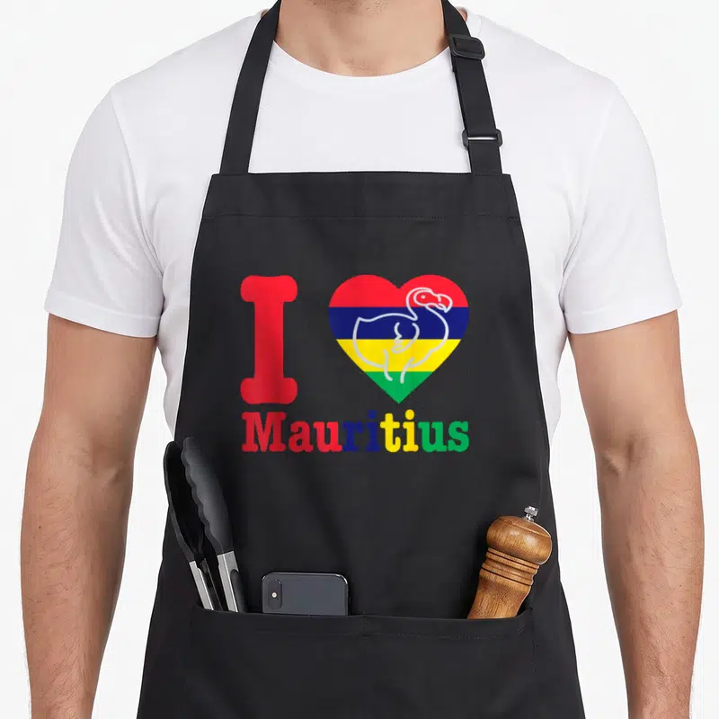 Tablier de cuisine noir avec un motif coloré représentant un cœur au drapeau mauricien et l'inscription I Love Mauritius