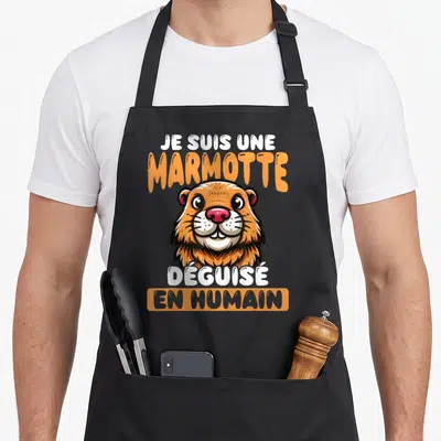 Tablier de cuisine noir avec illustration de marmotte souriante et texte Je Suis Une Marmotte Déguisé En Humain.