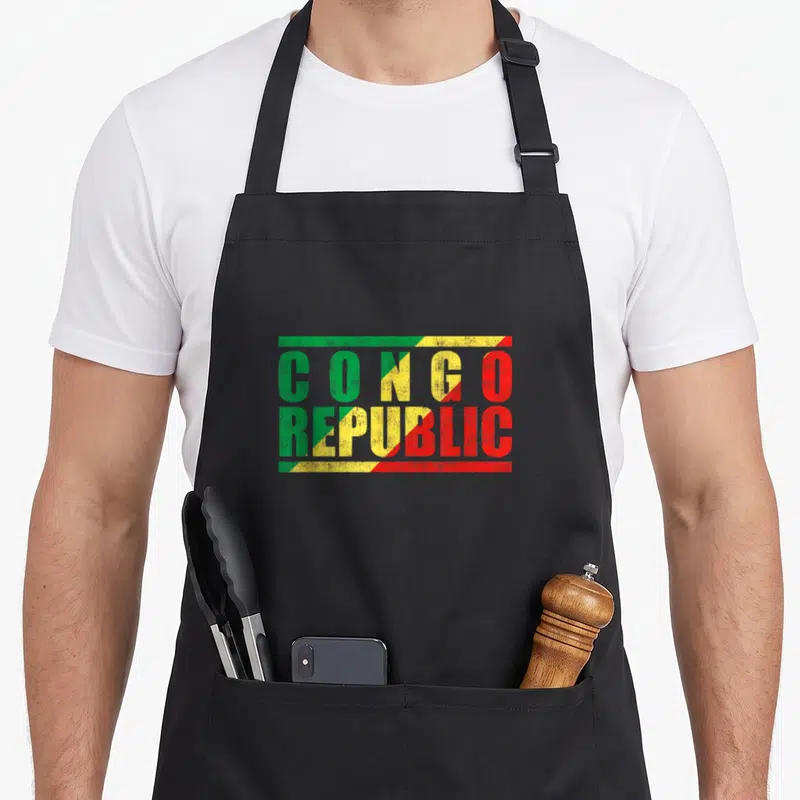 Tablier de cuisine noir avec un motif rectangulaire aux couleurs du drapeau et du texte Congo Republic en lettres capitales stylisées.