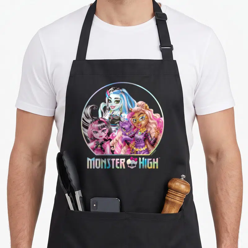 Tablier de cuisine noir avec trois personnages Monster High Étudiant et le logo irisé en bas.