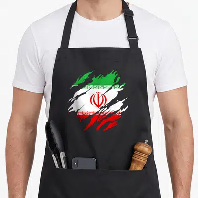 Tablier de cuisine noir avec drapeau Iran iranien en style brushwork vert blanc et rouge
