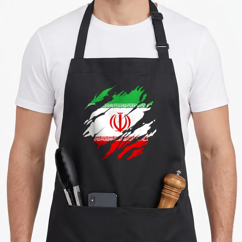 Tablier de cuisine noir avec drapeau Iran iranien en style brushwork vert blanc et rouge