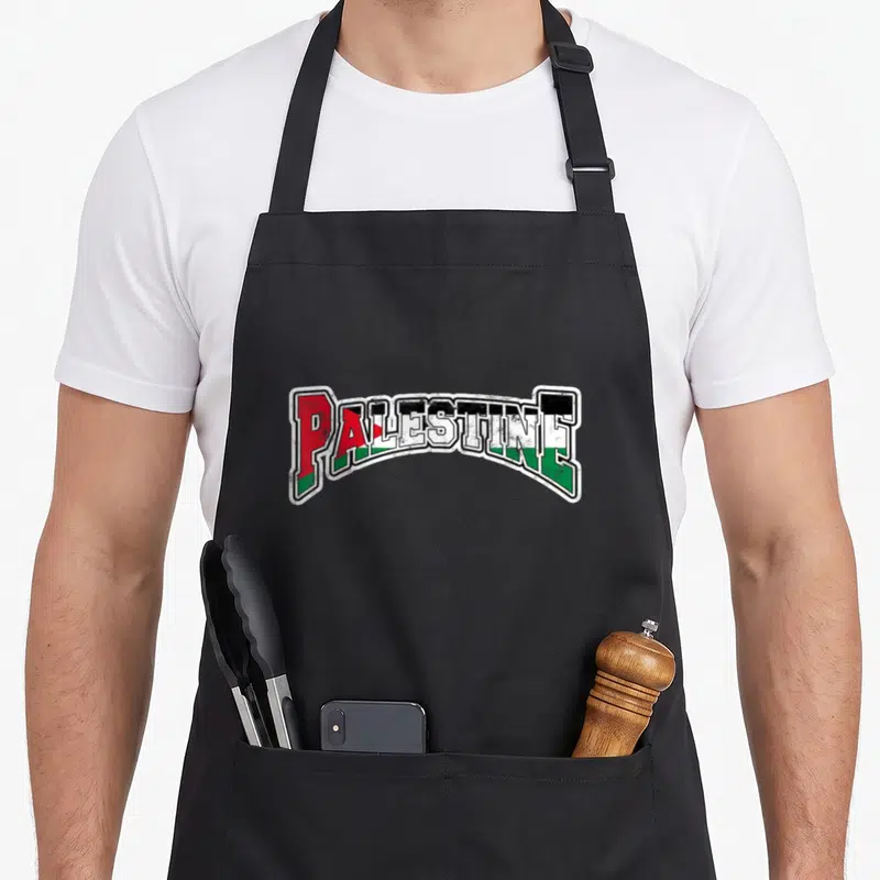 Tablier de cuisine noir avec inscription Palestine aux couleurs du drapeau national en style vintage.