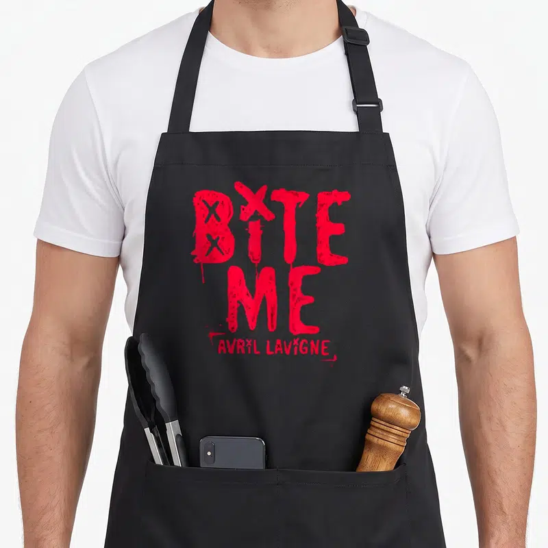 Tablier de cuisine noir avec inscription rouge Bite Me Avril Lavigne style graffiti sanguinolent.
