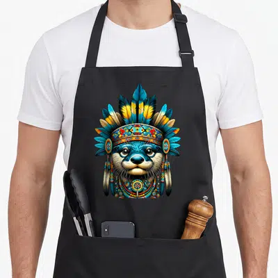 Tablier de cuisine noir avec une loutre amérindienne portant un heaume de plumes bleues et jaunes orné de motifs tribaux.