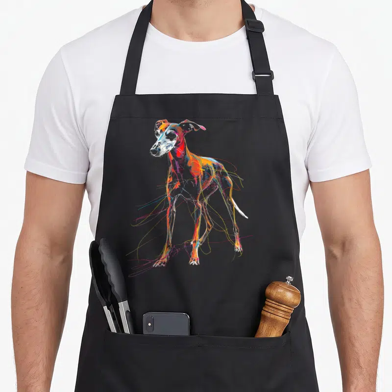 Tablier de cuisine noir avec illustration colorée et abstraite d'un lévrier aux lignes dynamiques.