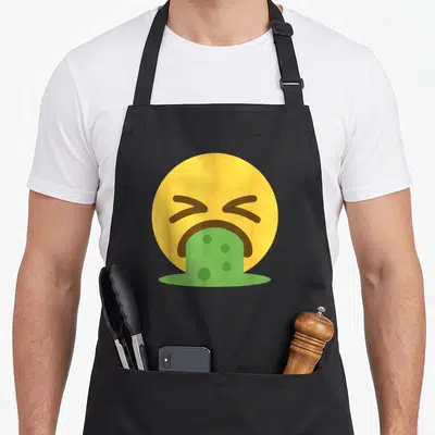 Tablier de cuisine noir avec une émoticône jaune vomissant un liquide vert bulleux.