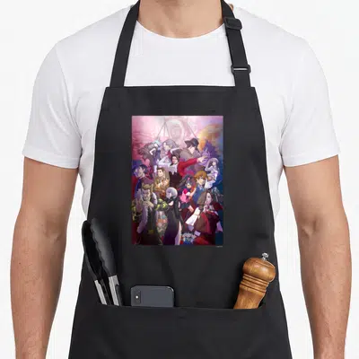 Tablier de cuisine noir avec une illustration colorée de personnages d'Ace Attorney Investigations en collage dynamique.