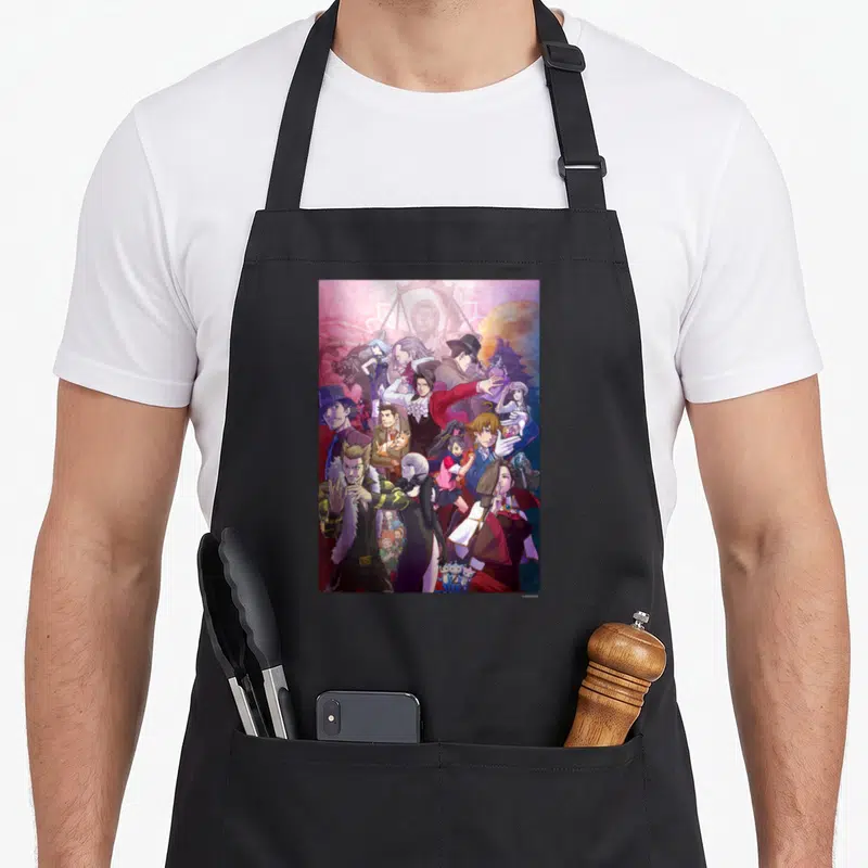 Tablier de cuisine noir avec une illustration colorée de personnages d'Ace Attorney Investigations en collage dynamique.
