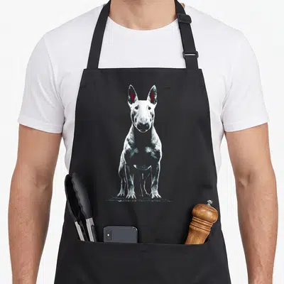 Tablier de cuisine noir avec illustration graphique d'un Bull Terrier blanc aux oreilles pointues et touches de rouge.