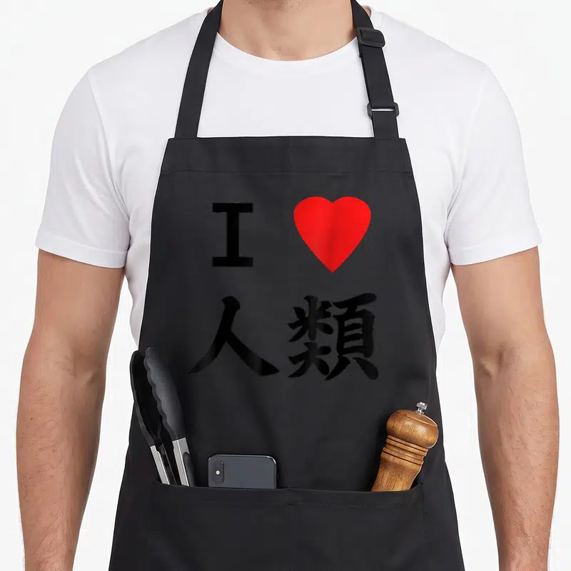 Tablier de cuisine noir avec le texte I Love Humanity, un cœur rouge et deux kanjis noirs en dessous.