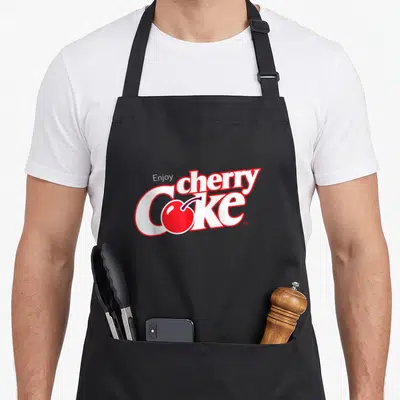 Tablier de cuisine noir avec le logo blanc et rouge « Enjoy Cherry Coke » et une illustration de cerise au centre du design imprimé.