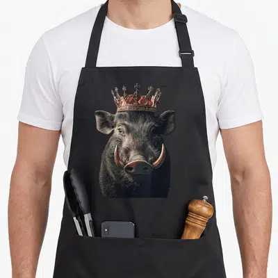 Tablier de cuisine noir avec portrait réaliste de phacochère portant une couronne royale dorée.