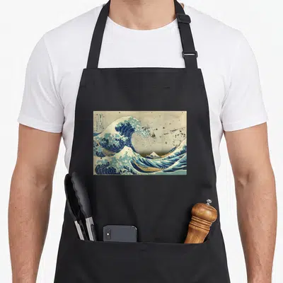 Tablier de cuisine noir avec reproduction de La grande vague au large de Kanagawa et bateaux en danger.
