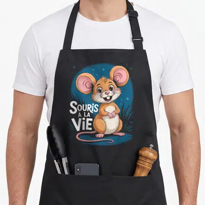 Tablier de cuisine noir avec une souris marron souriante et le texte Souris à la vie sur fond bleu nuit.