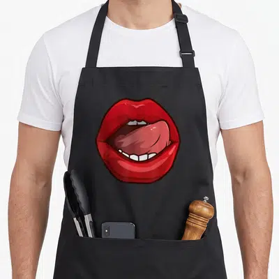 Tablier de cuisine noir avec illustration de lèvres rouges ouvertes et langue saillante au centre du vêtement.