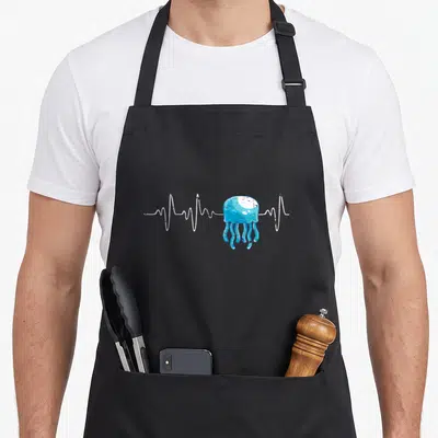 Tablier de cuisine noir avec une méduse bleue et une ligne blanche de battement de cœur.