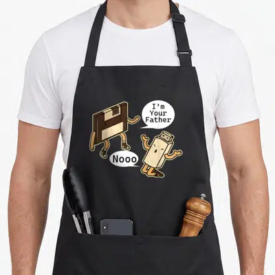 Tablier de cuisine noir avec une disquette et une clé USB dessinées en style cartoon avec bulles de dialogue.