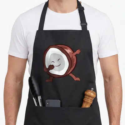 Tablier de cuisine noir avec une illustration colorée d'une noix de coco anthropomorphée marchant joyeusement.