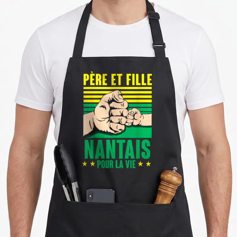 Tablier de cuisine noir avec poing père et fille nantais pour la vie vert jaune