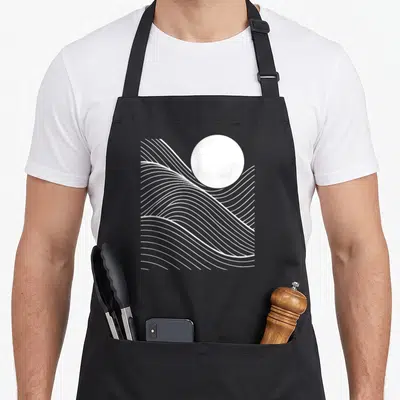 Tablier de cuisine noir avec motif graphique blanc de lignes ondulées formant un paysage abstrait sous un cercle plein.
