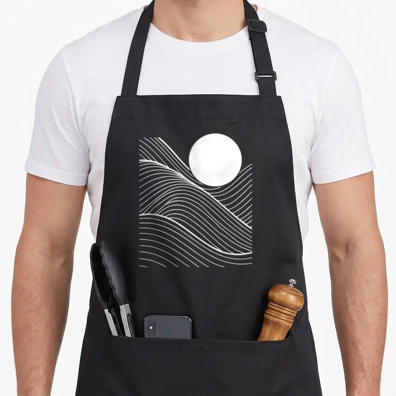 Tablier de cuisine noir avec motif graphique blanc de lignes ondulées formant un paysage abstrait sous un cercle plein.