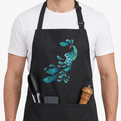 Tablier de cuisine noir avec illustration d'un paon bleu aux plumes sarcelle et motifs géométriques sur le corps.
