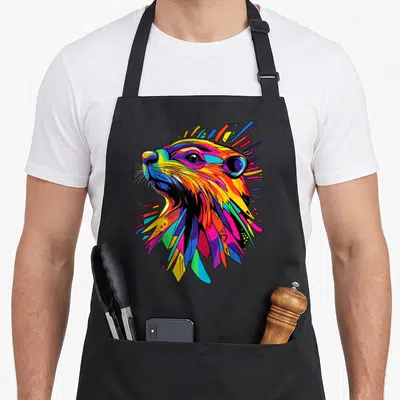 Tablier de cuisine noir avec illustration colorée et stylisée d'un castor au design graphique dynamique.