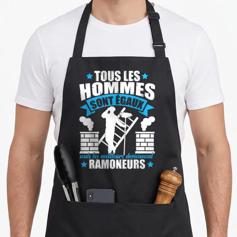 Tablier de cuisine noir avec silhouette ramoneur échelle et cheminées texte blanc et bleu