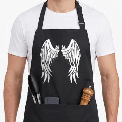 Tablier de cuisine noir avec grand motif d'ailes d'ange blanches stylisées sur le dos.