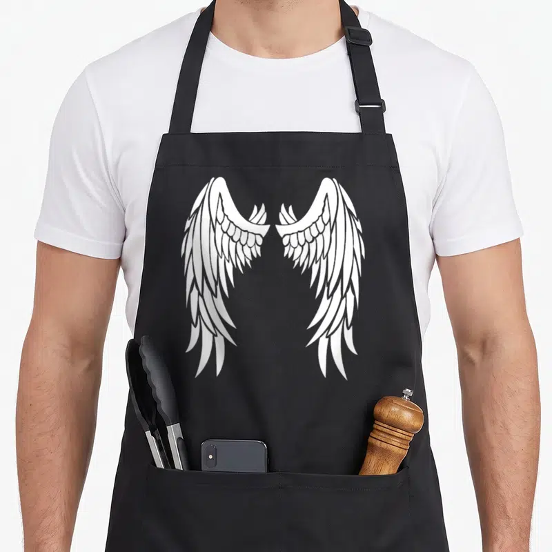 Tablier de cuisine noir avec grand motif d'ailes d'ange blanches stylisées sur le dos.