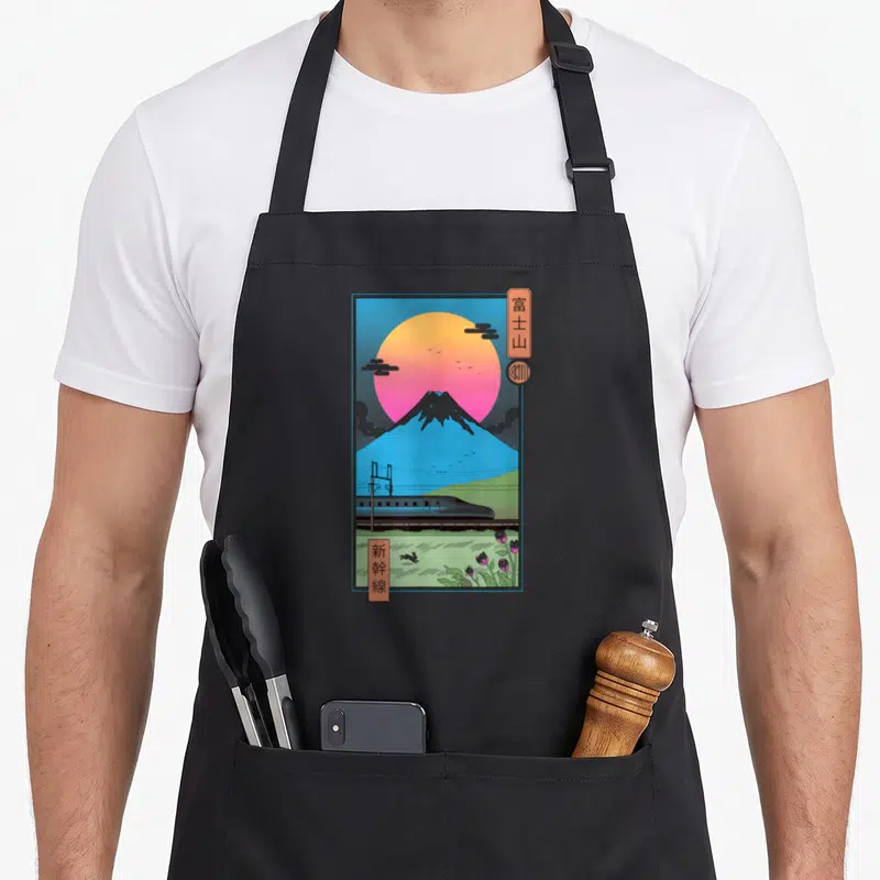 Tablier de cuisine noir avec illustration d'un train Shinkansen devant le Mont Fuji et un soleil rose.