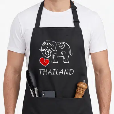 Tablier de cuisine noir avec éléphant blanc stylisé, cœur rouge et inscription THAILAND en bas.