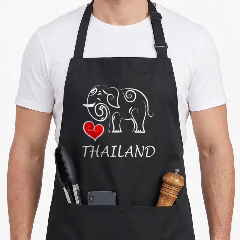 Tablier de cuisine noir avec éléphant blanc stylisé, cœur rouge et inscription THAILAND en bas.