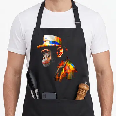 Tablier de cuisine noir avec un singe stylisé en polygones colorés et chapeau haut de forme.