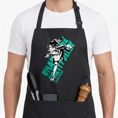 Tablier de cuisine noir avec illustration Mejiro Palmer et texte vert turquoise diagonale.