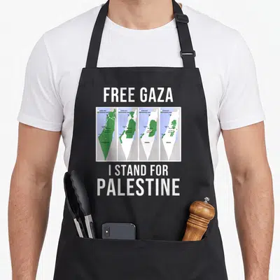 Tablier de cuisine noir avec Free Gaza, I Stand For Palestine et quatre cartes territoriales vertes et blanches.